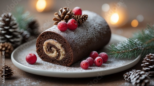 Festive chocolate roll cake with winter decorations, berries, and pinecones. photo