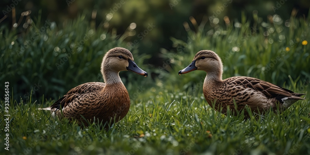 Three ducks in tall green grass, close-up Wildlife and nature concept. Three ducks in tall green grass, close-up Wildlife and nature concept.