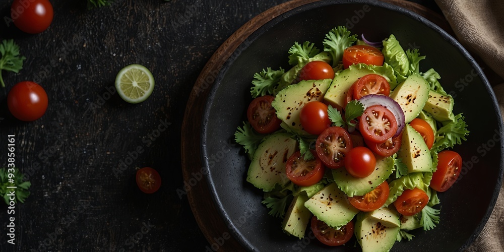 Top view of vegetarian salad with celery rye tomatoes avocado on linen black background. Top view of vegetarian salad with celery rye tomatoes avocado on linen black background.