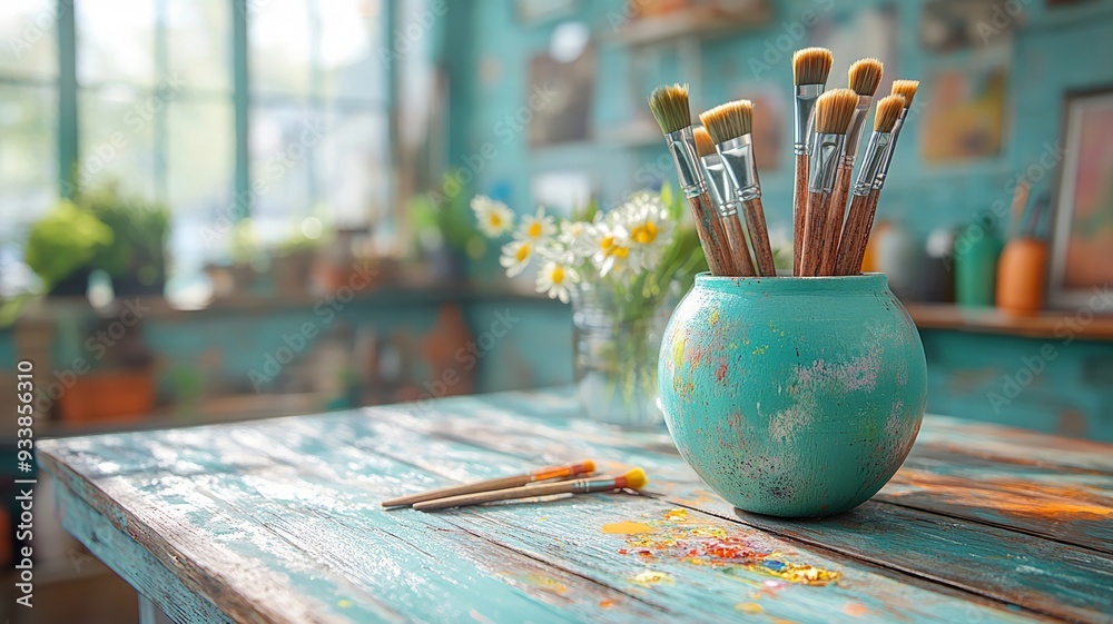Paintbrushes in a Turquoise Jar on a Rustic Table Paintbrushes in a Turquoise Jar on a Rustic Table
