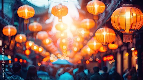 A street scene with many people and orange lanterns