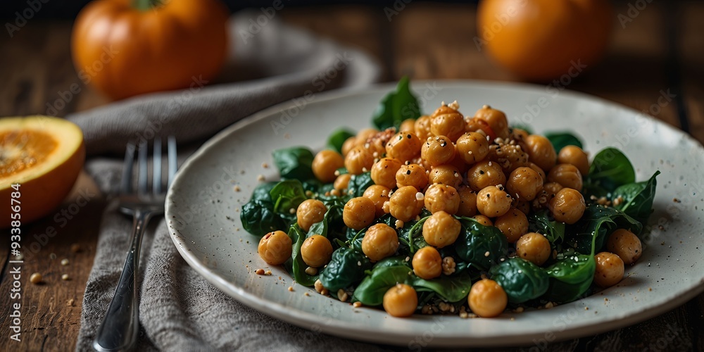 Vegan autumn salad with pumpkin spinach chickpea and sesame on a plate. Vegan autumn salad with pumpkin spinach chickpea and sesame on a plate.