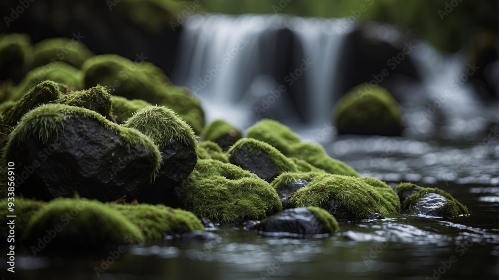 Flowing waterfall over dark rock with green moss. Flowing waterfall over dark rock with green moss.