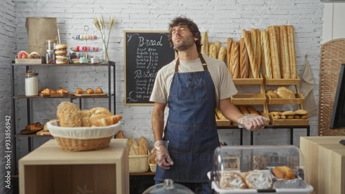 Young man dancing and pretending to play guitar in a bakery shop with breads and pastries in the background