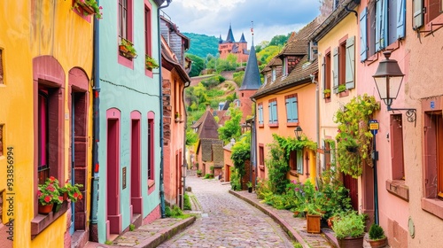 Fototapeta Naklejka Na Ścianę i Meble -  A colorful street with houses and a cobblestone road