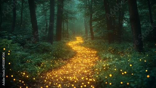 Enchanted Forest Path Illuminated by Fireflies