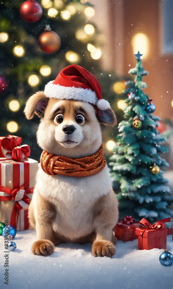 Cute mops sitting in front of a christmas tree - AI generated Cute mops sitting in front of a christmas tree - AI generated
