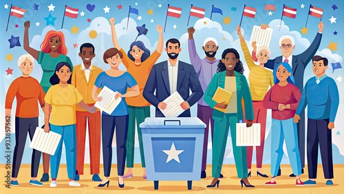 Colorful illustration of a diverse group of citizens casting ballots, surrounded by symbols of democracy and equality, highlighting the importance of fair voting laws. photo