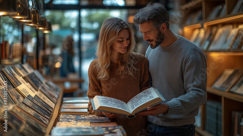 A couple quietly conversing over a shared book in the poetry section, soft lighting highlighting the shelves of poetry collections around them, with copy space photo