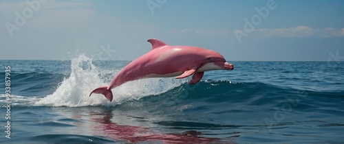 Two beautiful pink dolphins jumping over waves destroying the the ocean wildlife scenery Marine animals. photo