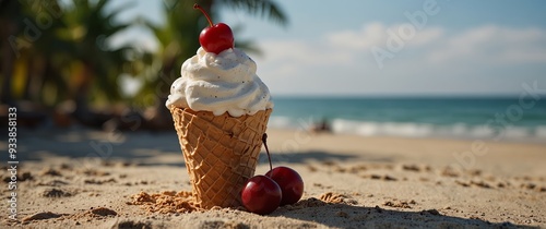 Ice cream cone filled with ripe cherries on the beach Fresh cherry in a waffle cone with palm leaf Summer vacation concept. photo