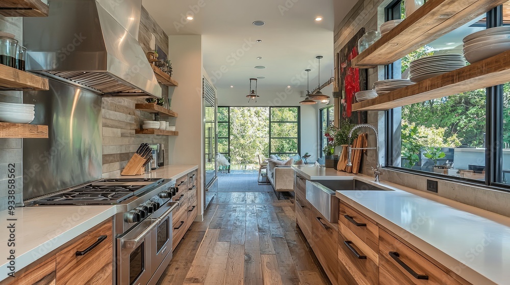 Watercolor modern kitchen with stainless steel appliances and open shelving. Watercolor modern kitchen with stainless steel appliances and open shelving.