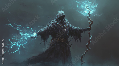 Stormcaller: A witch doctor dressed in a robe that crackles with energy, with a staff made of twisted wood that can summon lightning and thunder, concept art, video game assets, su