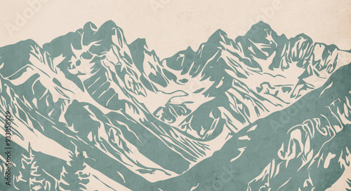 Mountain landscape. Vector graphics. Logo design for use in graphics. T-shirt print, tattoo design. Minimalist illustration for printing on wall decorations. Vintage grunge old .