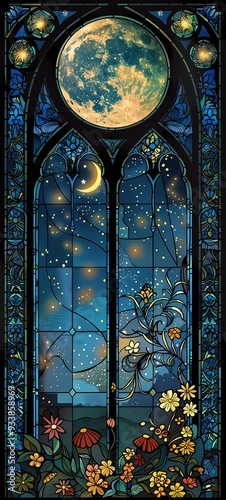 An enchanting moonlit night scene with a stained glass window and vibrant flowers in full bloom.