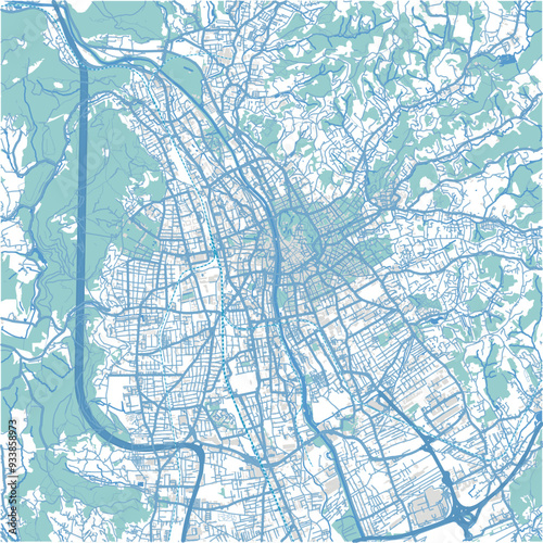 Map of Graz in Austria in blue. Contains layered vector with roads water, parks, etc.