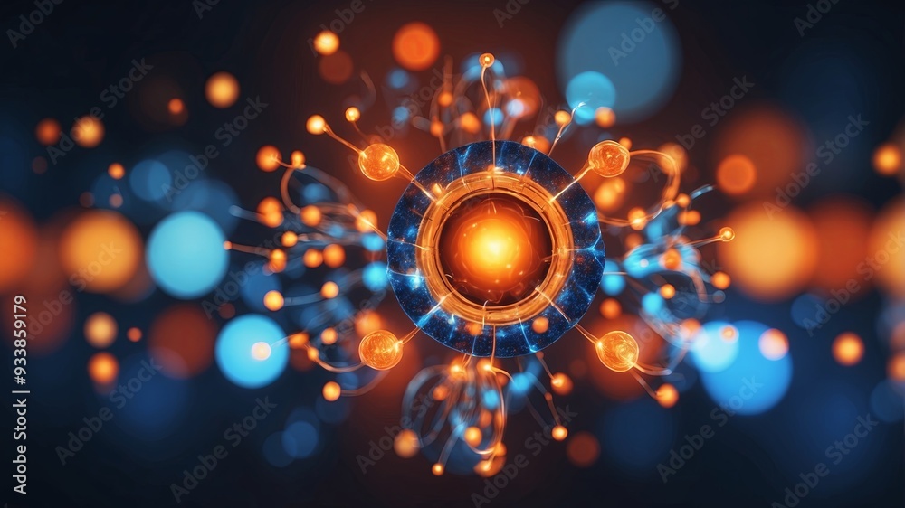 Abstract glowing atom with vibrant blue and orange colors, representing science, energy, and innovation. Abstract glowing atom with vibrant blue and orange colors, representing science, energy, and innovation.
