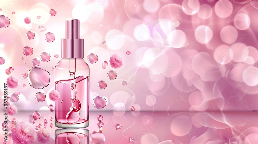 Pink Glass Bottle of Serum with Dropper and Falling Water Drops on a Soft Pink Bokeh Background Pink Glass Bottle of Serum with Dropper and Falling Water Drops on a Soft Pink Bokeh Background