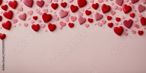 Valentine s Day design Red hearts border on a pink background with top down copy space. photo