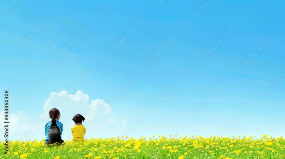 Two girls sitting in a dandelion field with blue sky. Two girls sitting in a dandelion field with blue sky.