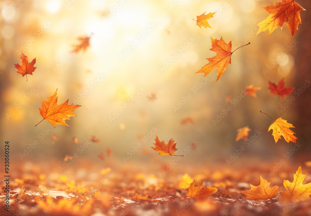 Autumnal forest fallen leaves background, autumn season, blurry glowing sunshine Autumnal forest fallen leaves background, autumn season, blurry glowing sunshine