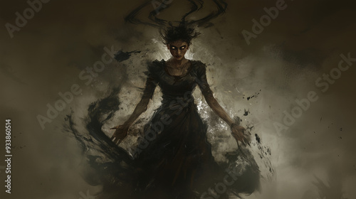 Vengeful Miners Wife: A banshee in a tattered dress covered in coal dust, her eyes glowing with anger, her scream capable of collapsing mines, as she seeks revenge for her husband photo