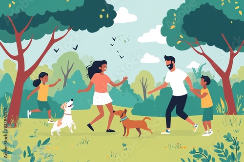 Family enjoying picnic with pets in sunny park