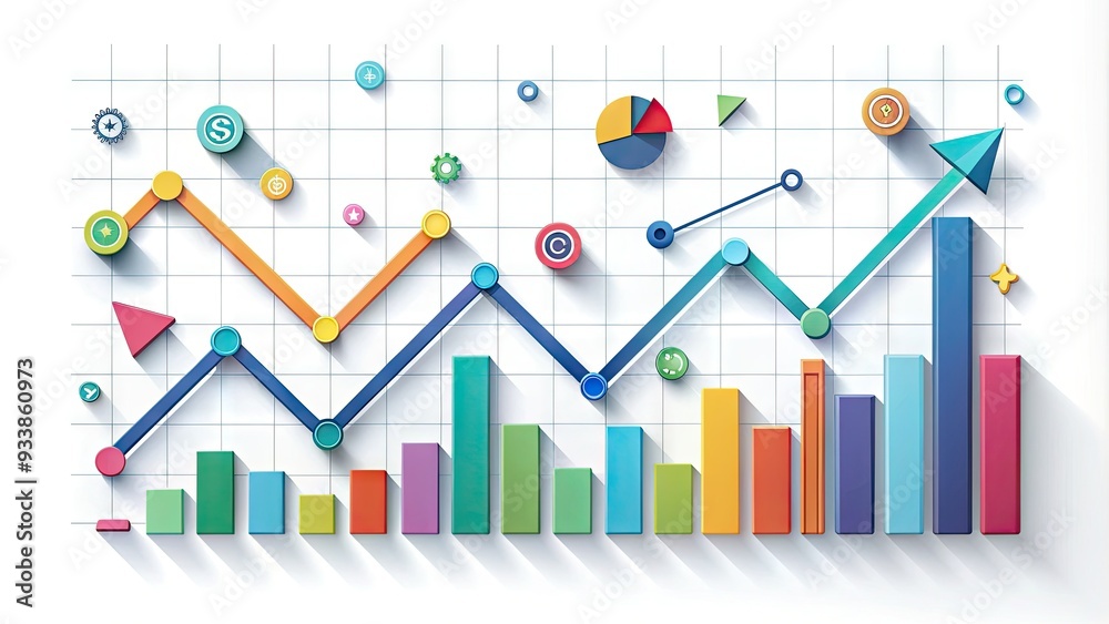 Colorful infographic showcasing a rising line graph of statistics and trends, surrounded by icons and arrows, on a clean white background with minimal shadows. Colorful infographic showcasing a rising line graph of statistics and trends, surrounded by icons and arrows, on a clean white background with minimal shadows.