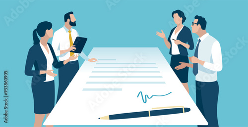 Negotiating. Agreement. Business people standing behind a signed contract. Business vector illustration