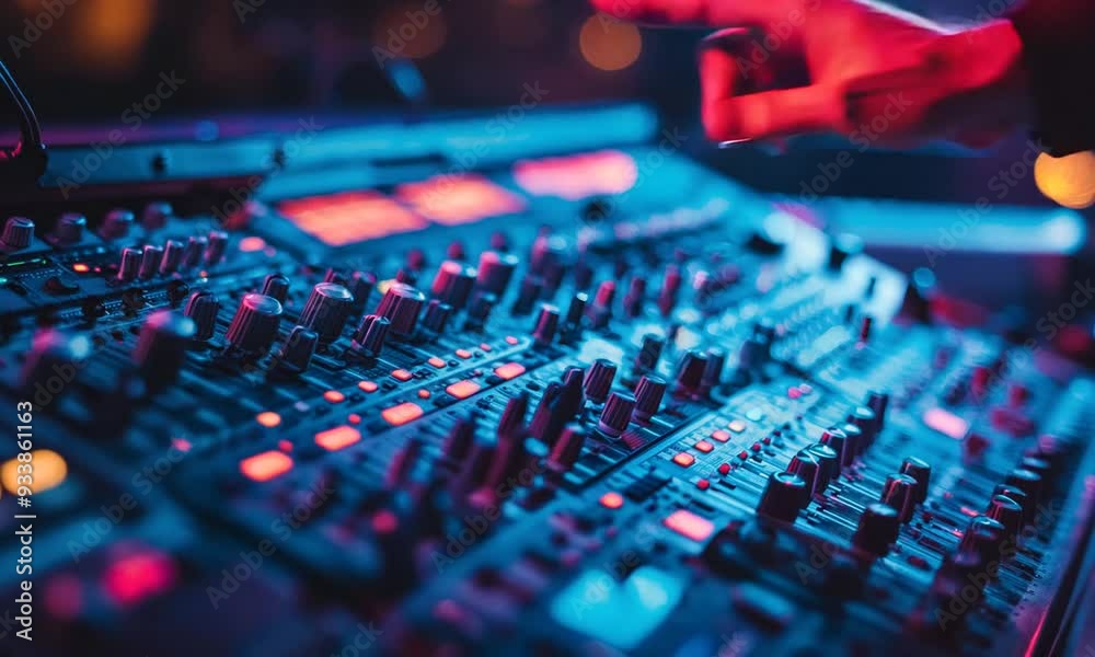 Sound Mixing Console - A close up shot of a hand adjusting the knobs and faders of a sound mixing console during a concert or event. Sound Mixing Console - A close up shot of a hand adjusting the knobs and faders of a sound mixing console during a concert or event.