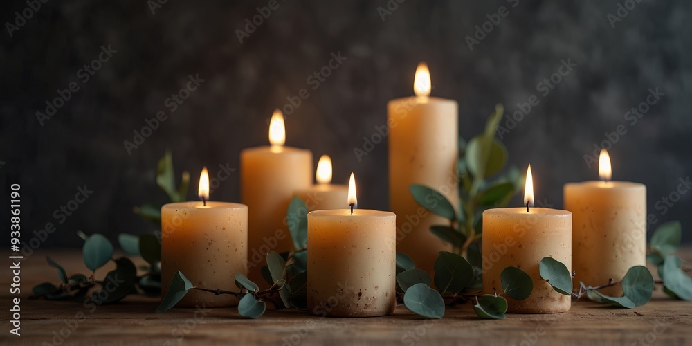 Variety of candles on wooden table with eucalyptus leaves.