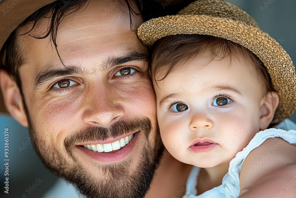 Happy father and baby girl enjoy a sunny day outdoors with stylish hats in summer Happy father and baby girl enjoy a sunny day outdoors with stylish hats in summer
