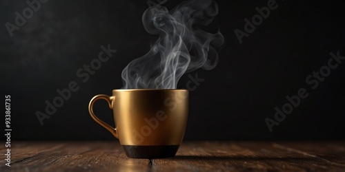 Steaming golden color coffee cup on black background and wooden floor Copy space. photo