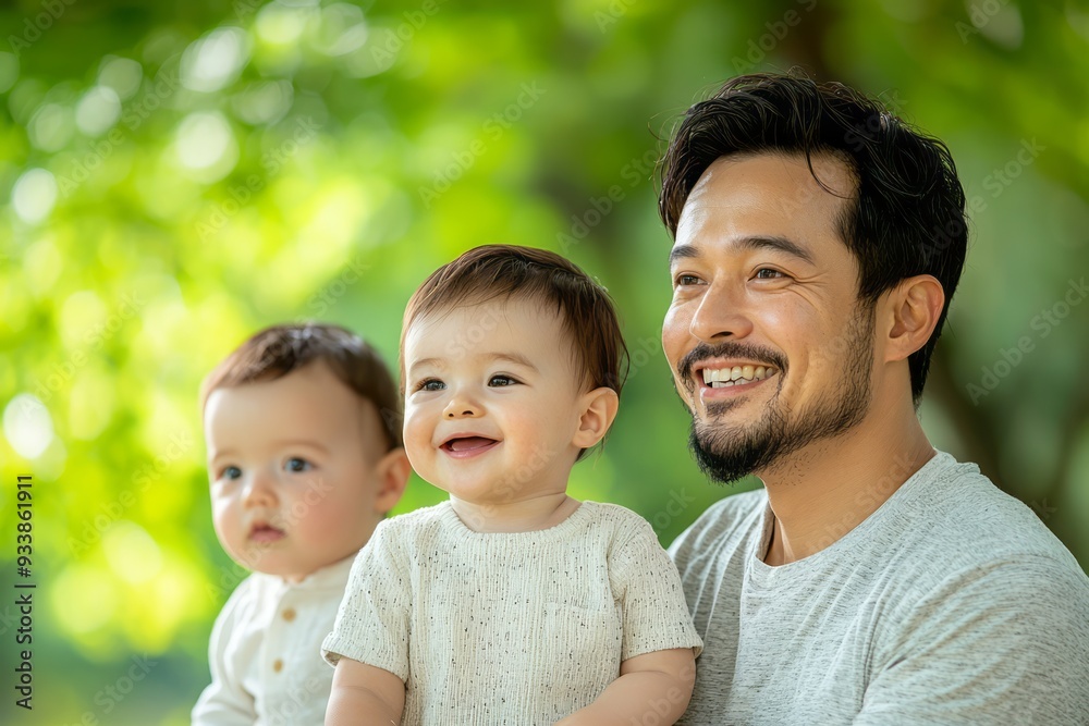 Joyful moments in nature with father and two smiling babies on a sunny day Joyful moments in nature with father and two smiling babies on a sunny day