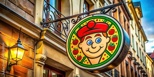 Colorful logo sign of a popular international pizzeria chain, featuring a distinctive brand icon, displayed above a restaurant entrance in Krakow, Poland.