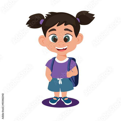Cartoon character of a smart smiling girl in a purple t-shirt, blue shorts, sandals and backpack isolated on white. Flat vector illustration in rich violet, blue and white colors. Happy kid character