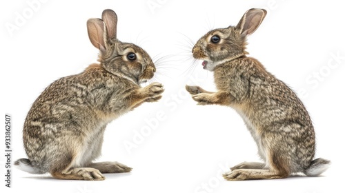 Two rabbits standing on hind legs, facing each other.