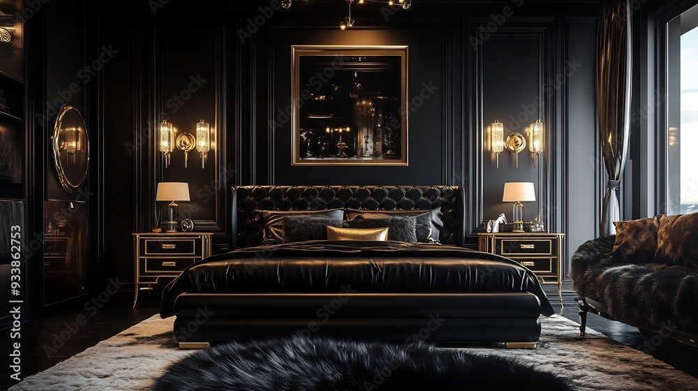 Fototapeta premium Luxurious Black and Gold Bedroom Interior