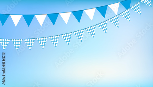 Oktoberfest background with blue and white garland in bavarian flag colors, space for text