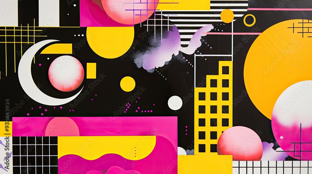 Obraz premium A colorful abstract painting with a black background and a pink