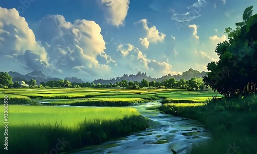 Scenic landscape with lush green fields and dramatic clouds above a winding stream