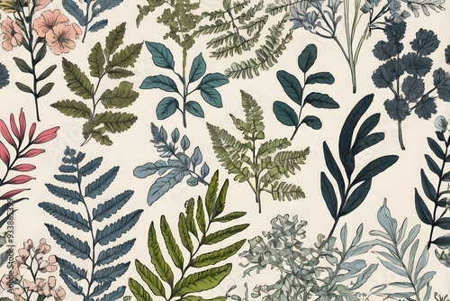 A seamless pattern line art of various botanical elements leaves, ferns, and flowers Ai Generated