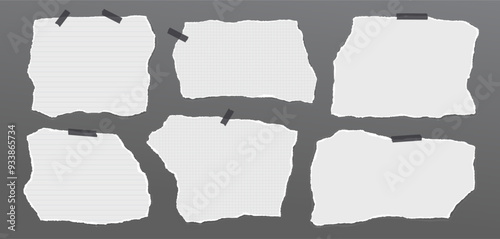 Set of torn white note paper pieces, strips are on dark grey background for text, notes or ad.