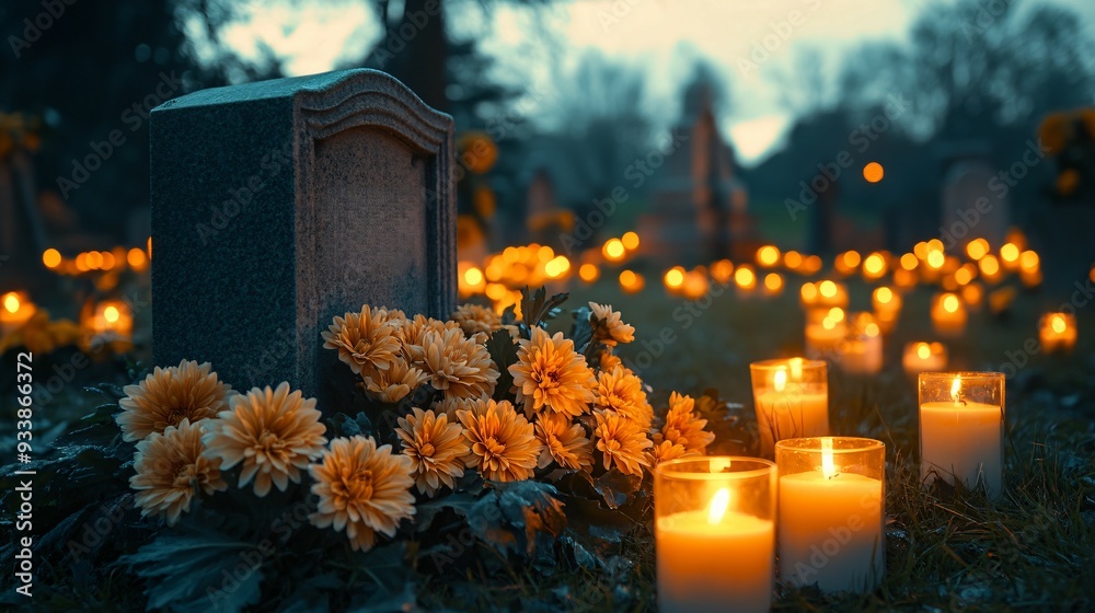 Serene All Saints' Day Tribute Peaceful Cemetery Scene with Gravestone, Chrysanthemums, and Glowing Candles Serene All Saints' Day Tribute Peaceful Cemetery Scene with Gravestone, Chrysanthemums, and Glowing Candles
