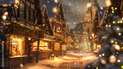 A snowy city street with Christmas decorations and a Christmas tree