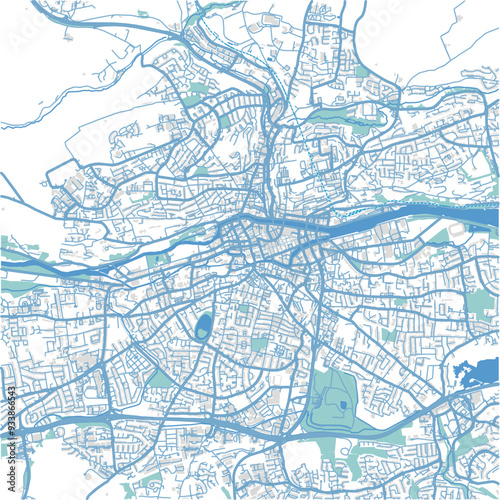Map of Cork in Ireland in blue. Contains layered vector with roads water, parks, etc.