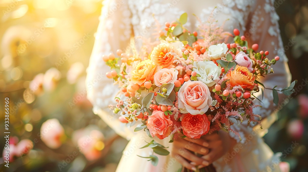 Bride holding a vibrant bouquet of roses and berries in warm, golden sunlight Bride holding a vibrant bouquet of roses and berries in warm, golden sunlight