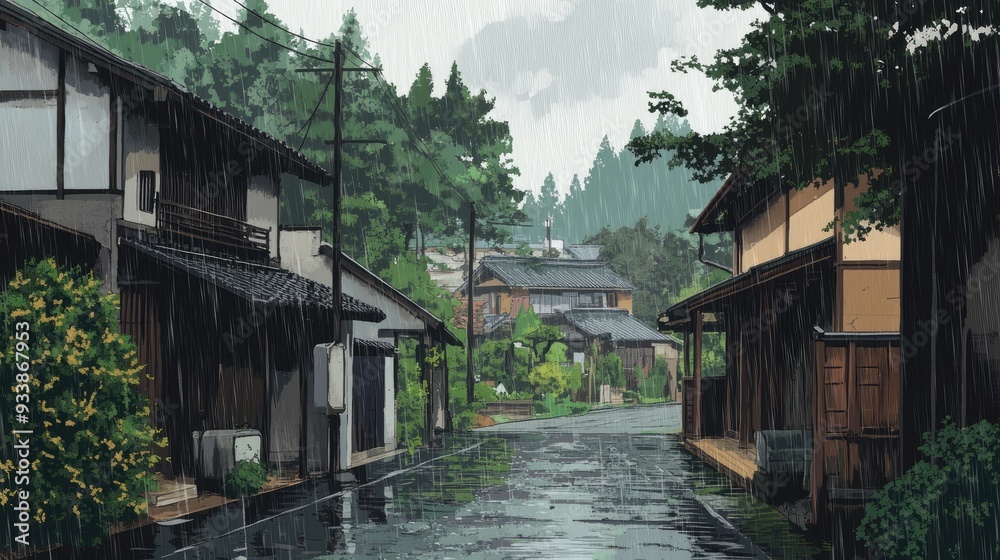 An anime-style illustration of a Japanese village on a rainy day, with a cartoonish art style that adds to the peaceful mood of the scene. An anime-style illustration of a Japanese village on a rainy day, with a cartoonish art style that adds to the peaceful mood of the scene.
