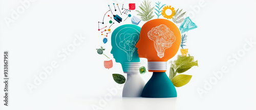 A creative representation of intelligence and innovation, featuring light bulbs shaped as heads with colorful ideas around them. photo