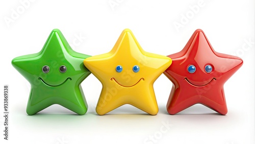 Colorful star-shaped rating icons with happy and sad faces, indicating customer satisfaction and net promoter scores, on a white background with subtle shadows. photo